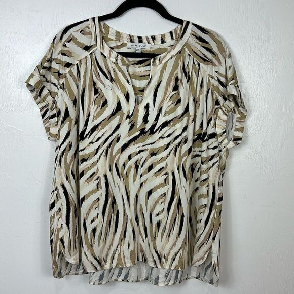 Rose + Olive Zebra Print Notch Neck Short Sleeve Top Size XL - Picture 1 of 7